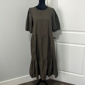 H&M Dark Khaki Green Puff Sleeve Tier MIDI Dress size Medium